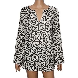 Island Company Beach Tunic Women's‎ Top Blouse linen long sleeve gray/white Sz M